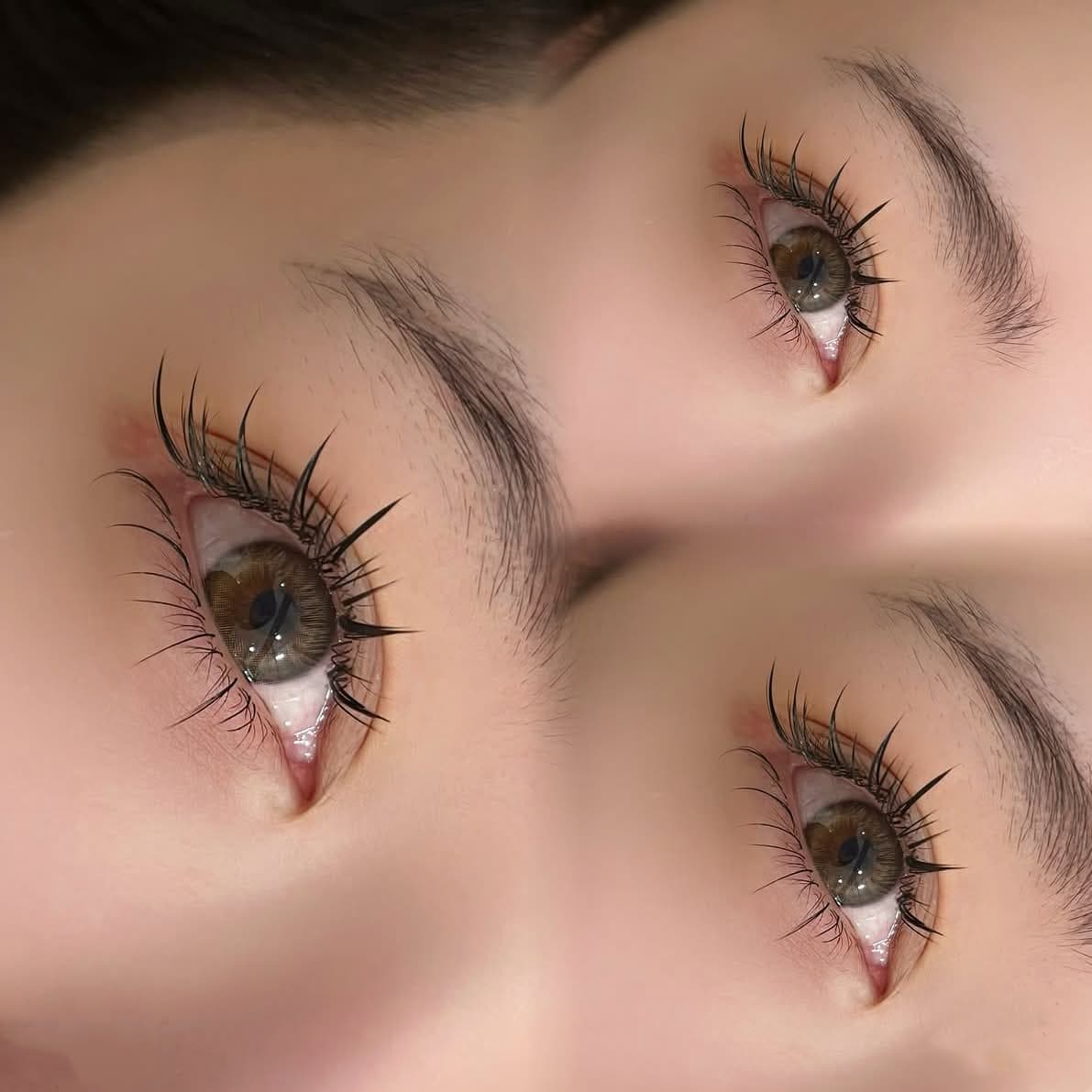Three close-ups of an anime lash set, with defined spikes spaced between softer lashes along the upper lid.